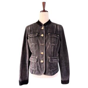 DKNY Jeans Women's Black Cropped Denim Military Style Jacket Stretch Faded L EUC